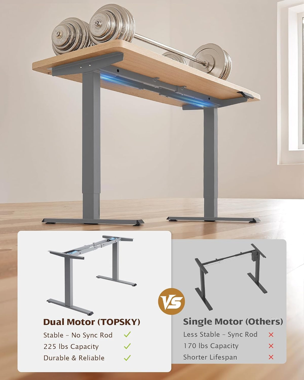 Dual Motor Electric Adjustable Standing Computer Desk for Home and Office (Grey)