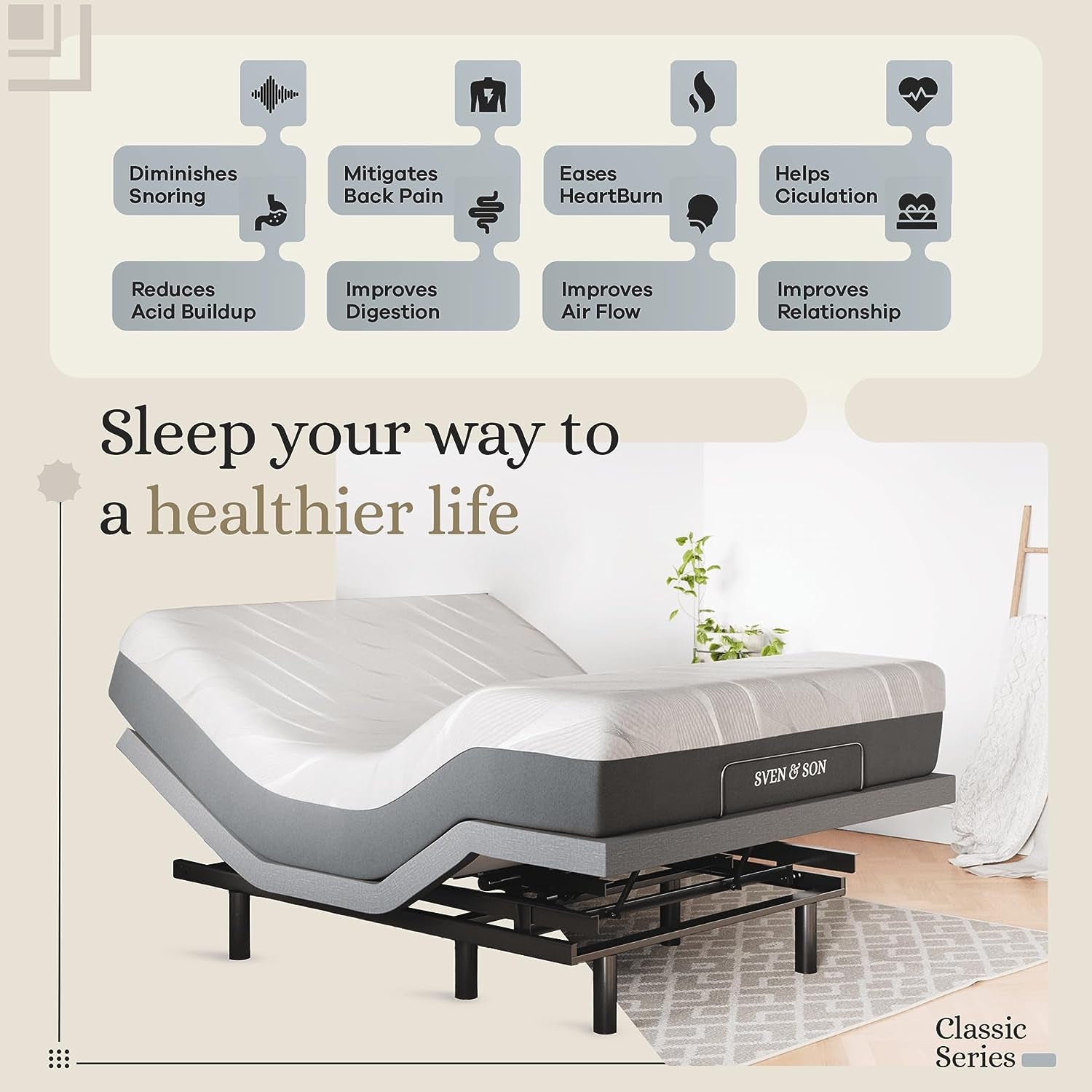 Queen Adjustable Bed Base Frame + 14” Luxury Cool Gel Memory Foam Hybrid Mattress, Head up Foot Up, USB Ports, Zero Gravity, Interactive Dual Massage, Wireless, Classic (Queen)
