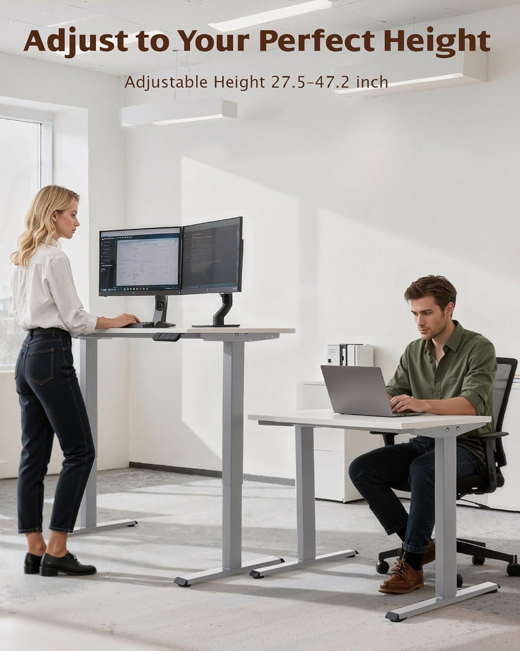 Dual Motor Electric Adjustable Standing Computer Desk for Home and Office (Grey)